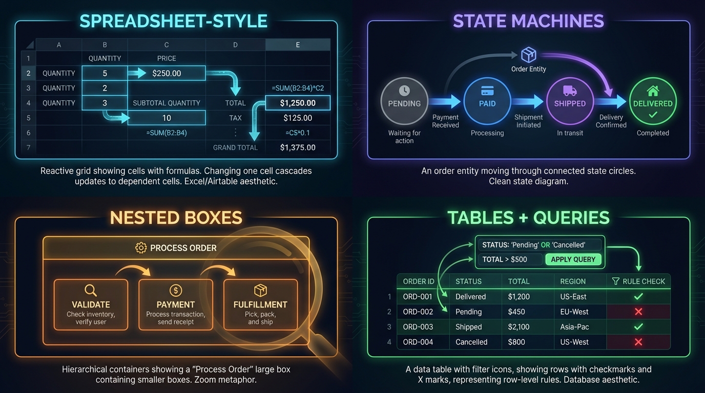 Four alternative visual paradigms: spreadsheets, state machines, nested boxes, and tables