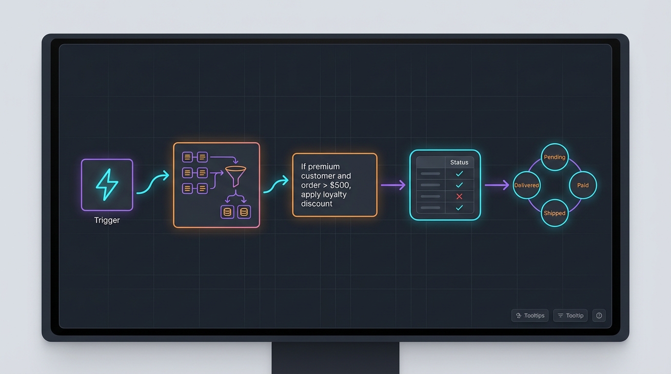 A unified canvas where different nodes use different visual paradigms: data transforms as infographics, batch processing as tables, business logic as prose, state machines as diagrams