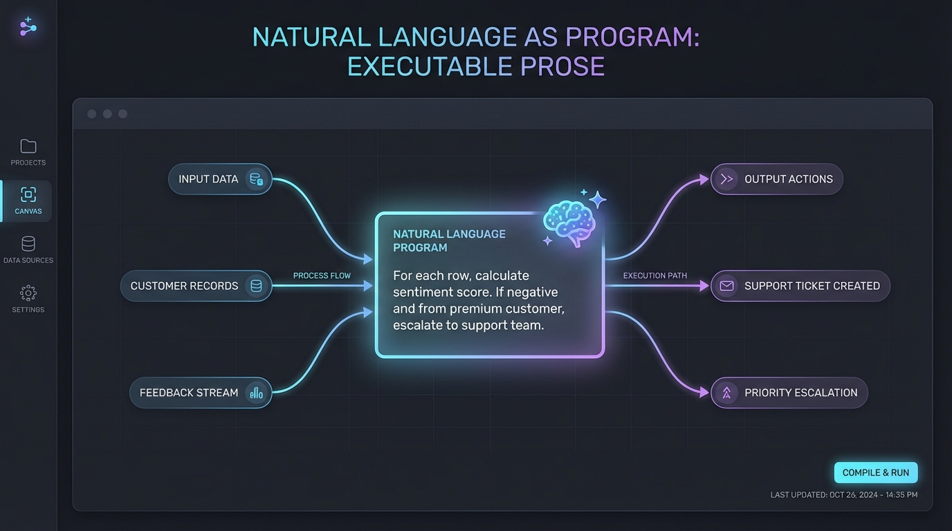 A flow node where natural language prose is the actual executable program