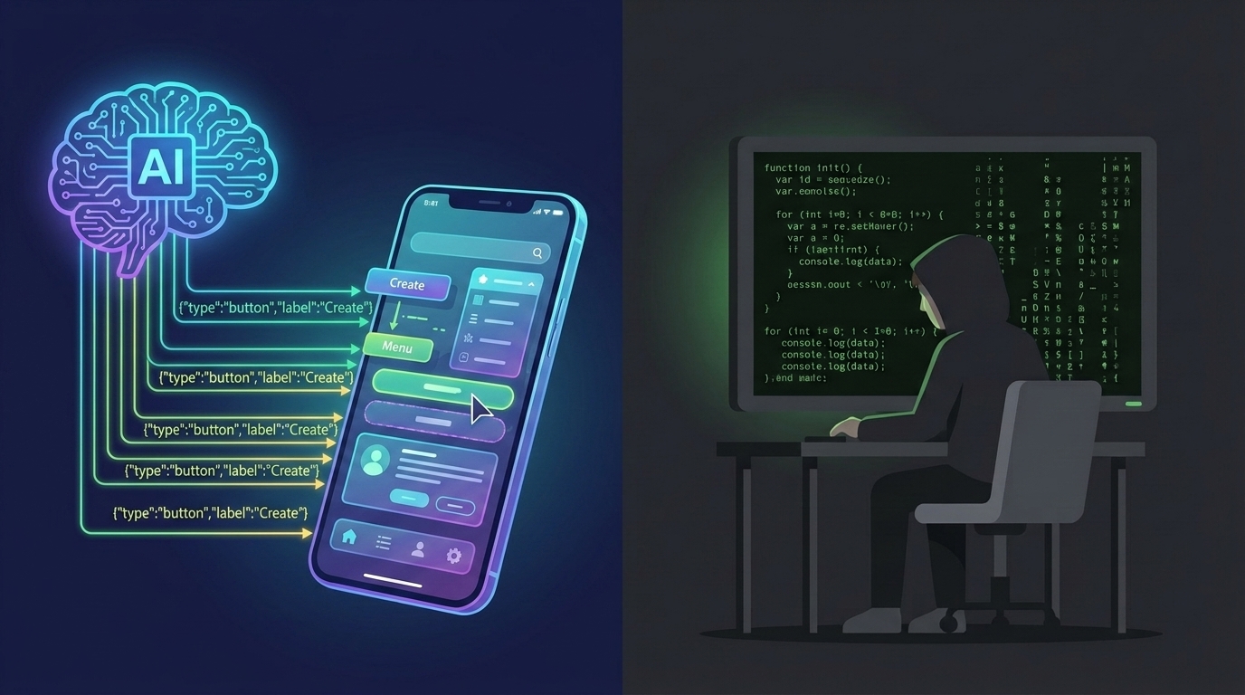 AI agent brain sending JSON data streams to a smartphone assembling its own UI in real time, futuristic agentic concept, flat illustration