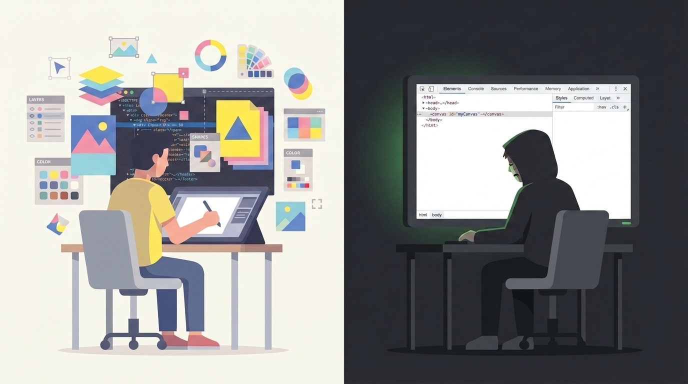 Developer staring at browser DevTools showing a single blank canvas element with no DOM tree, split with a rich web DOM on the other side, flat illustration