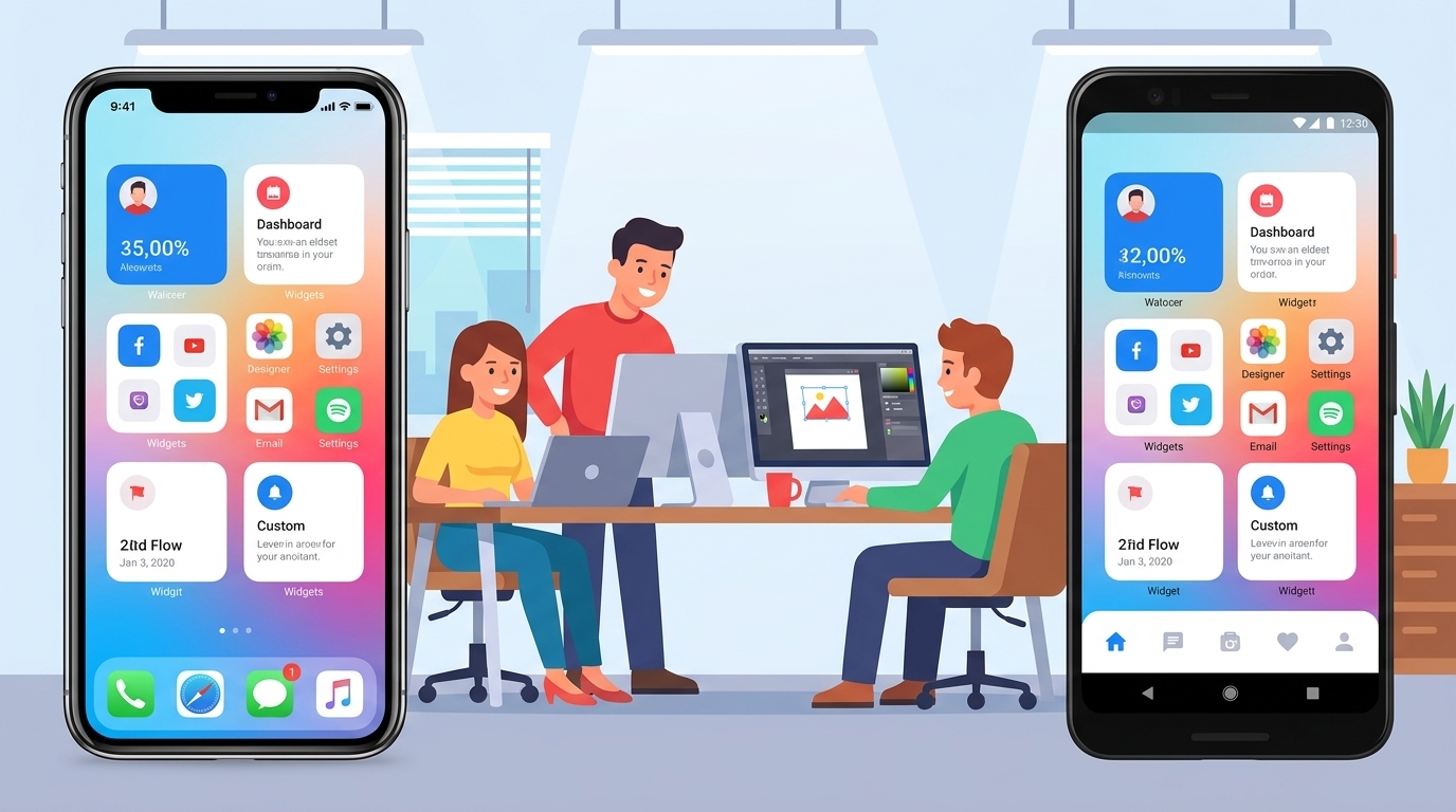 Two identical pixel-perfect mobile app screens on iOS and Android side by side with consistent brand UI, flat illustration