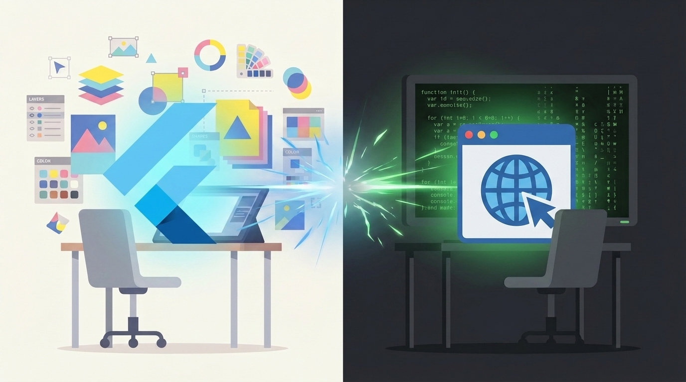 Flutter and a web browser facing off in a dramatic split-screen duel, flat illustration style