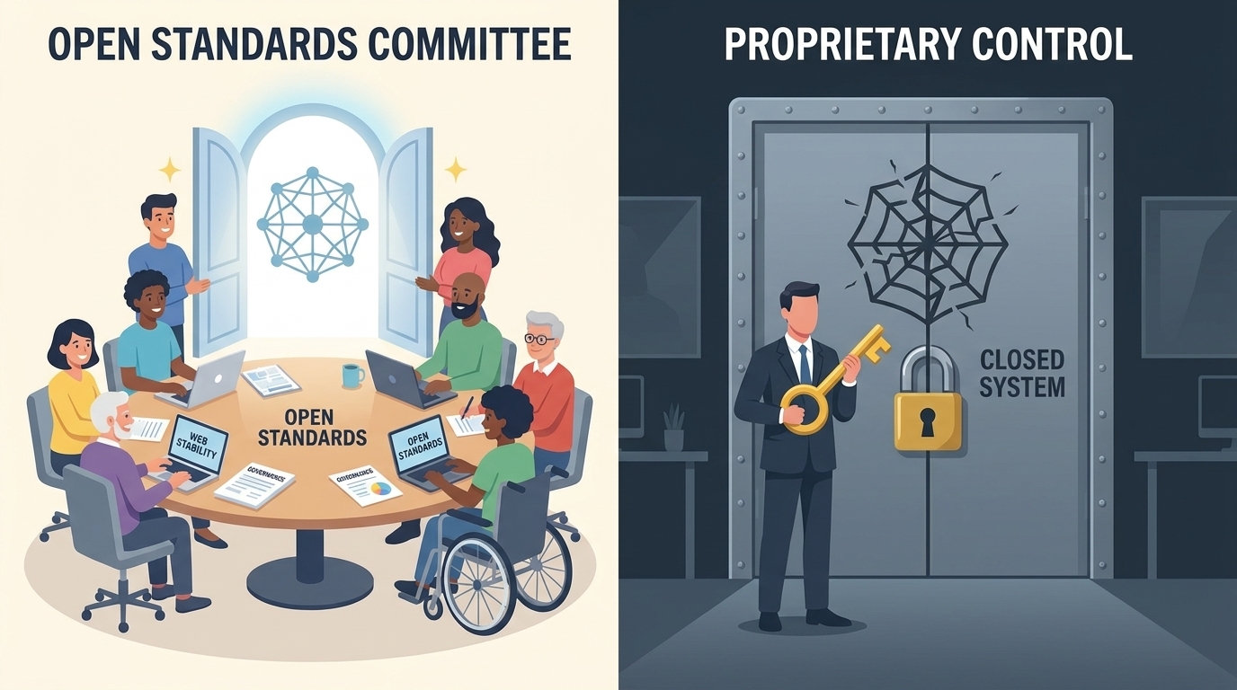 Open standards committee of diverse people versus a single company executive holding a key to a locked door, flat illustration editorial style