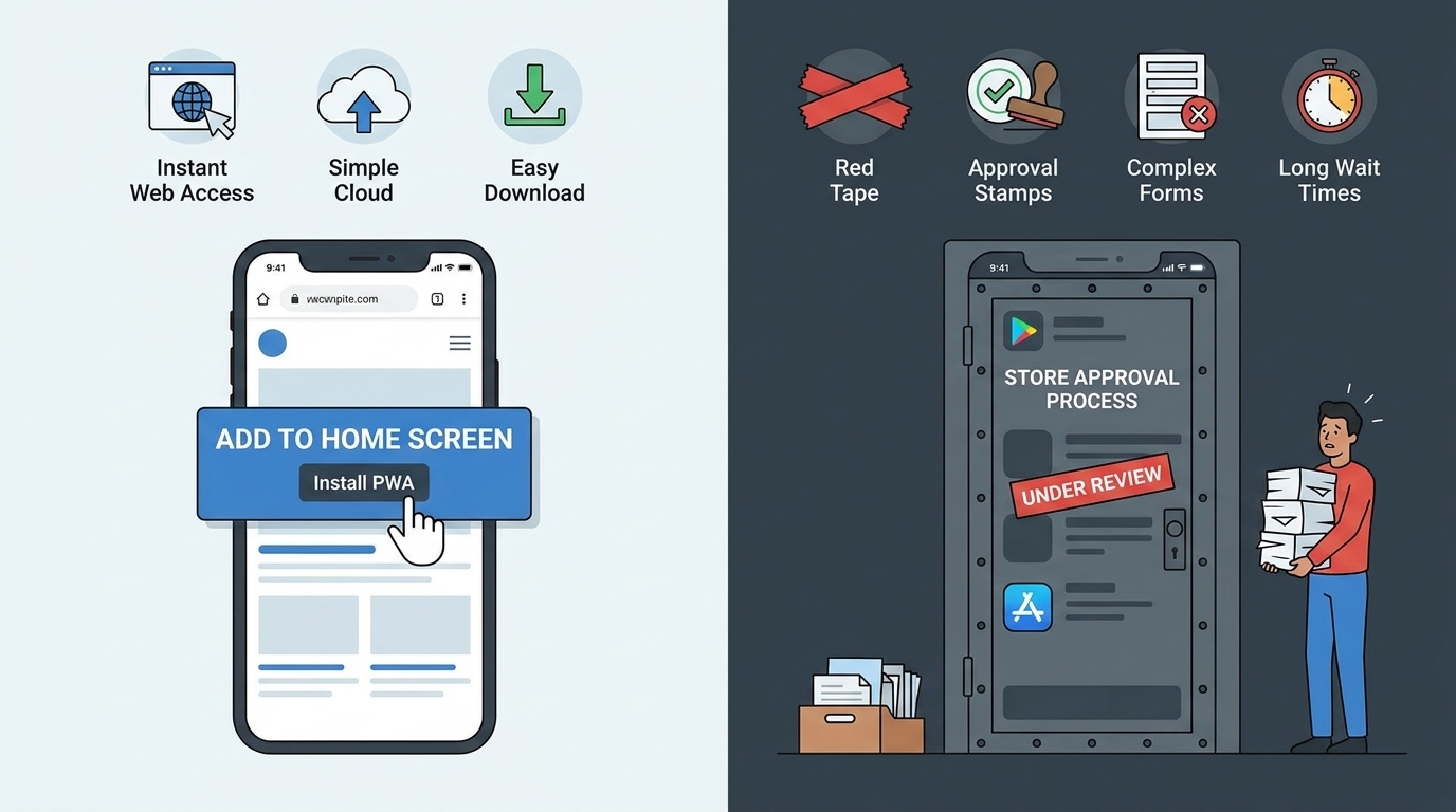 Smartphone with PWA browser install prompt next to a complex app store approval door, flat illustration editorial style
