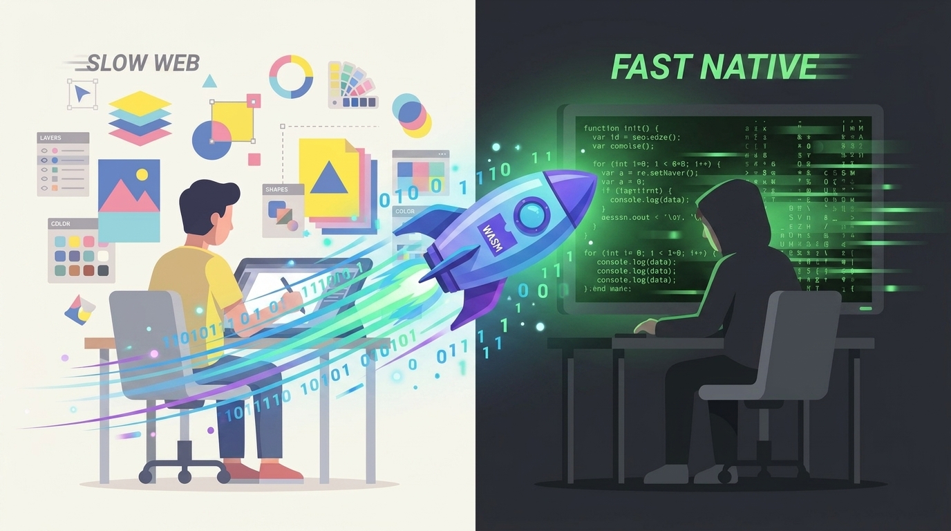 WebAssembly rocket bridging the gap between slow web and fast native performance, speed lines and binary data, flat illustration