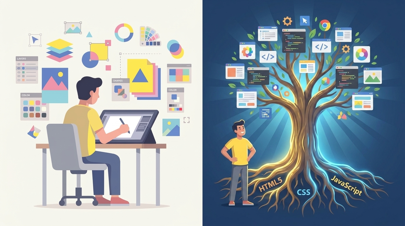 The modern web platform as a mature powerful tree with HTML5 CSS JavaScript as glowing roots, flat illustration