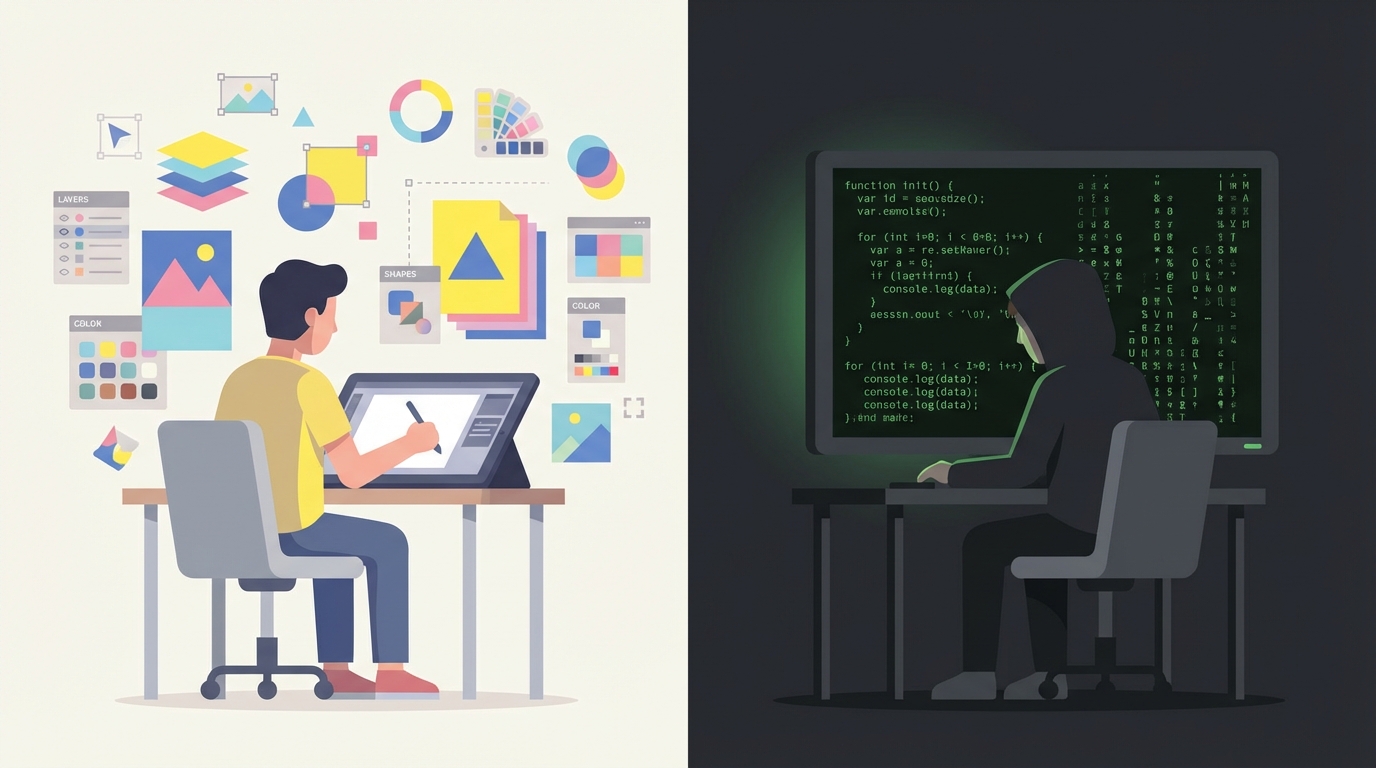 Designer in colorful visual workspace vs programmer in dark text terminal