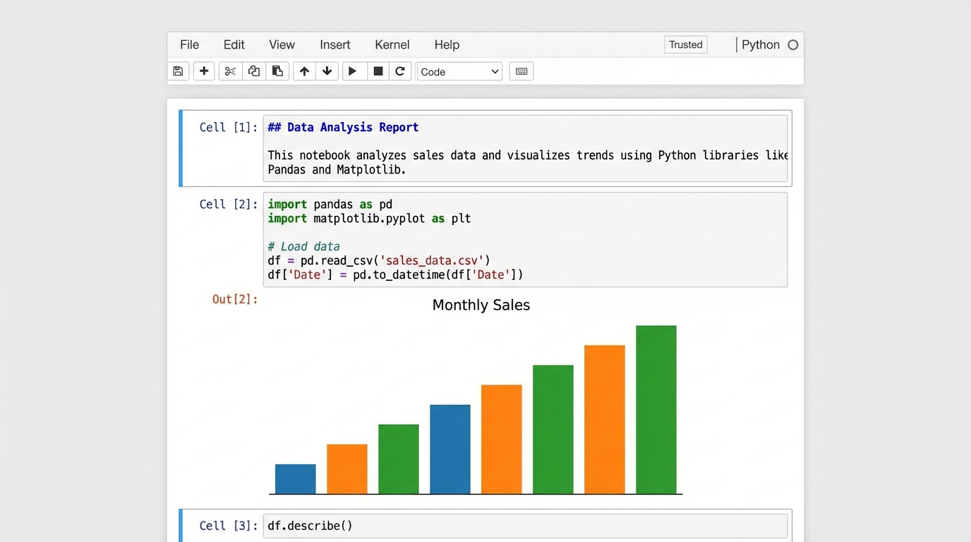Jupyter notebook interface with code cells, markdown, and chart output
