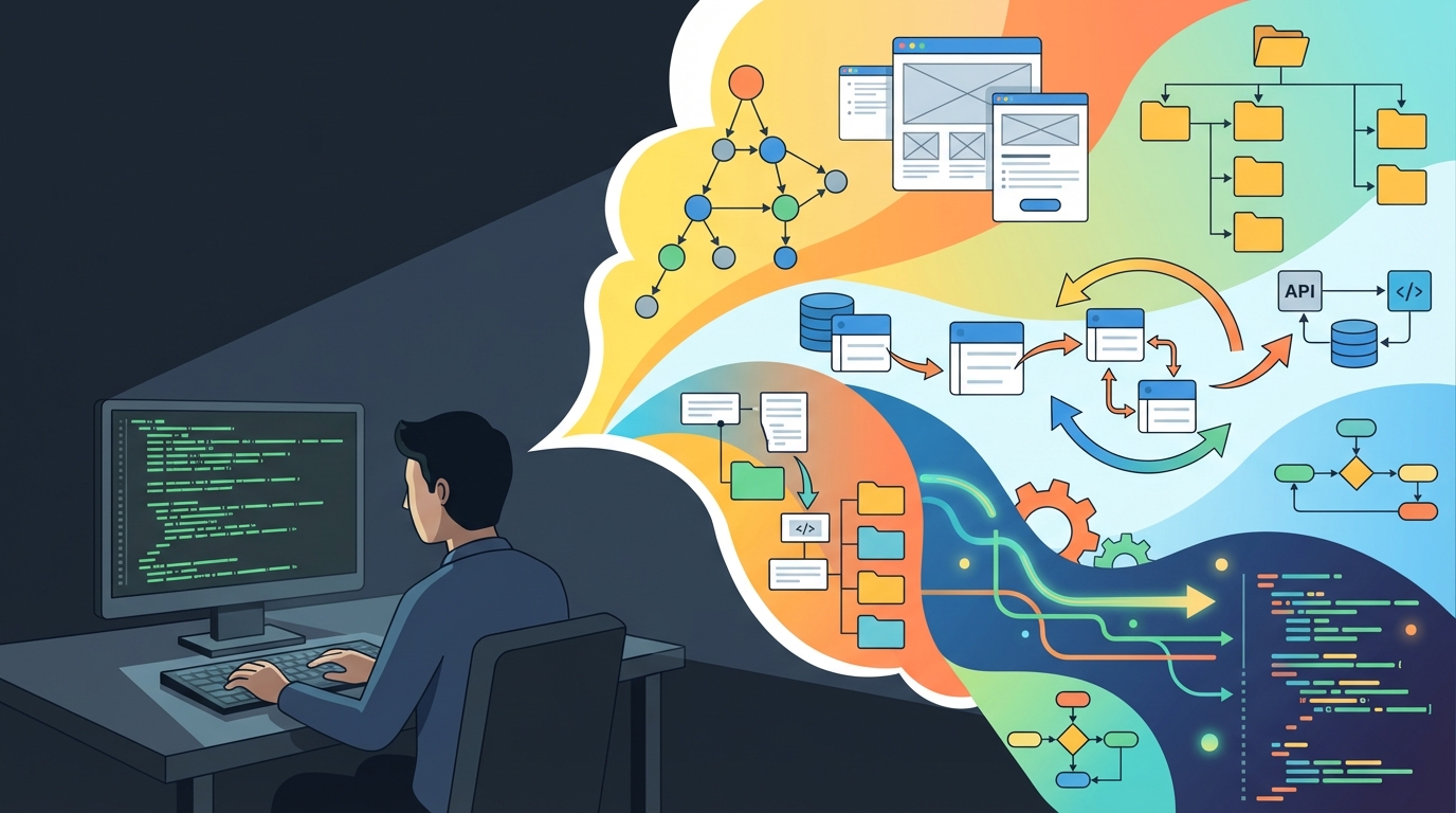 Programmer looking at code while mentally visualizing complex system architecture