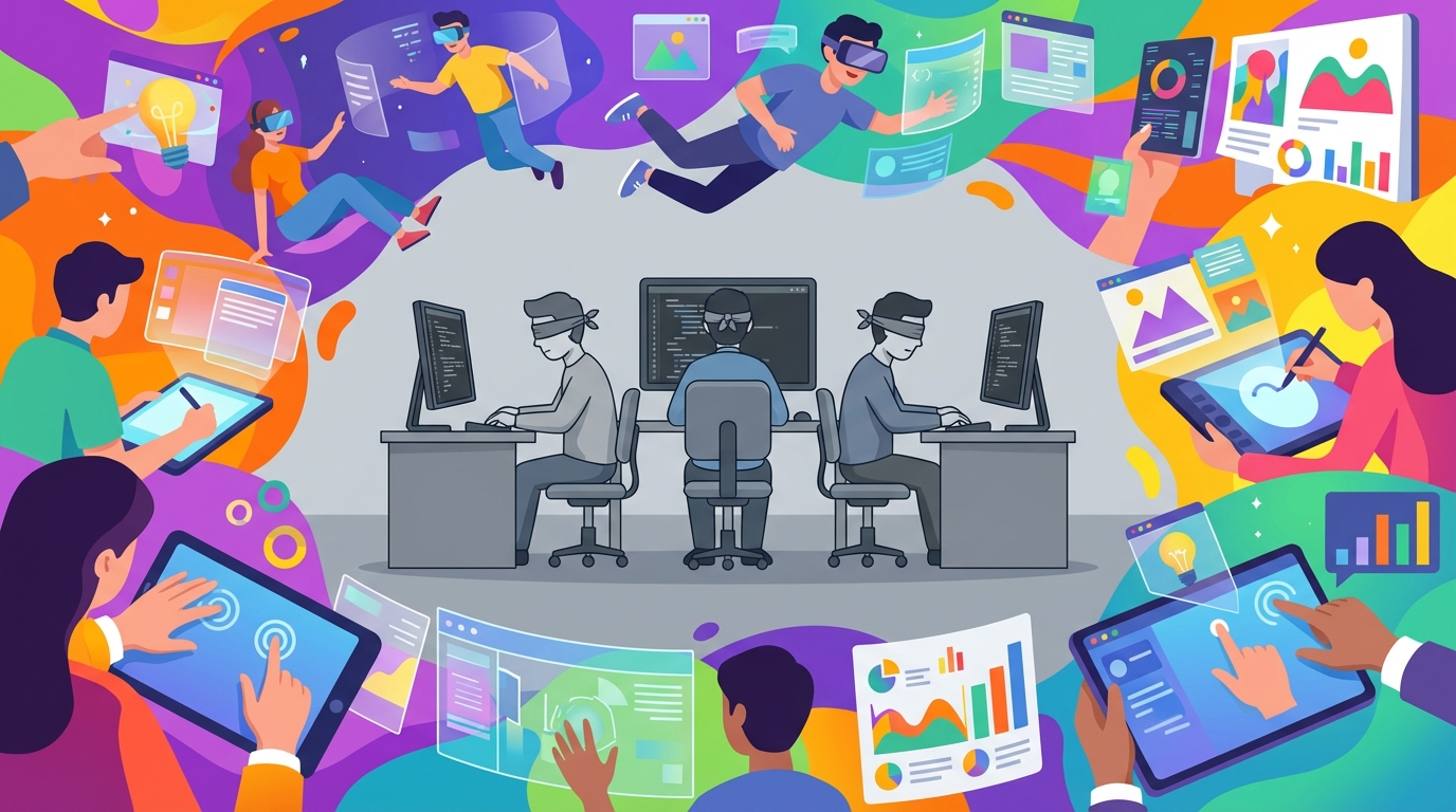 Blindfolded programmers at text screens while spatial computing, VR, and visual tools flourish around them