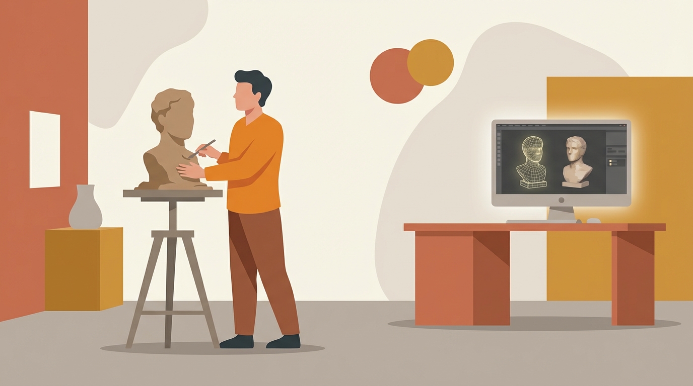 Sculptor working on clay while looking at a screen to see the result