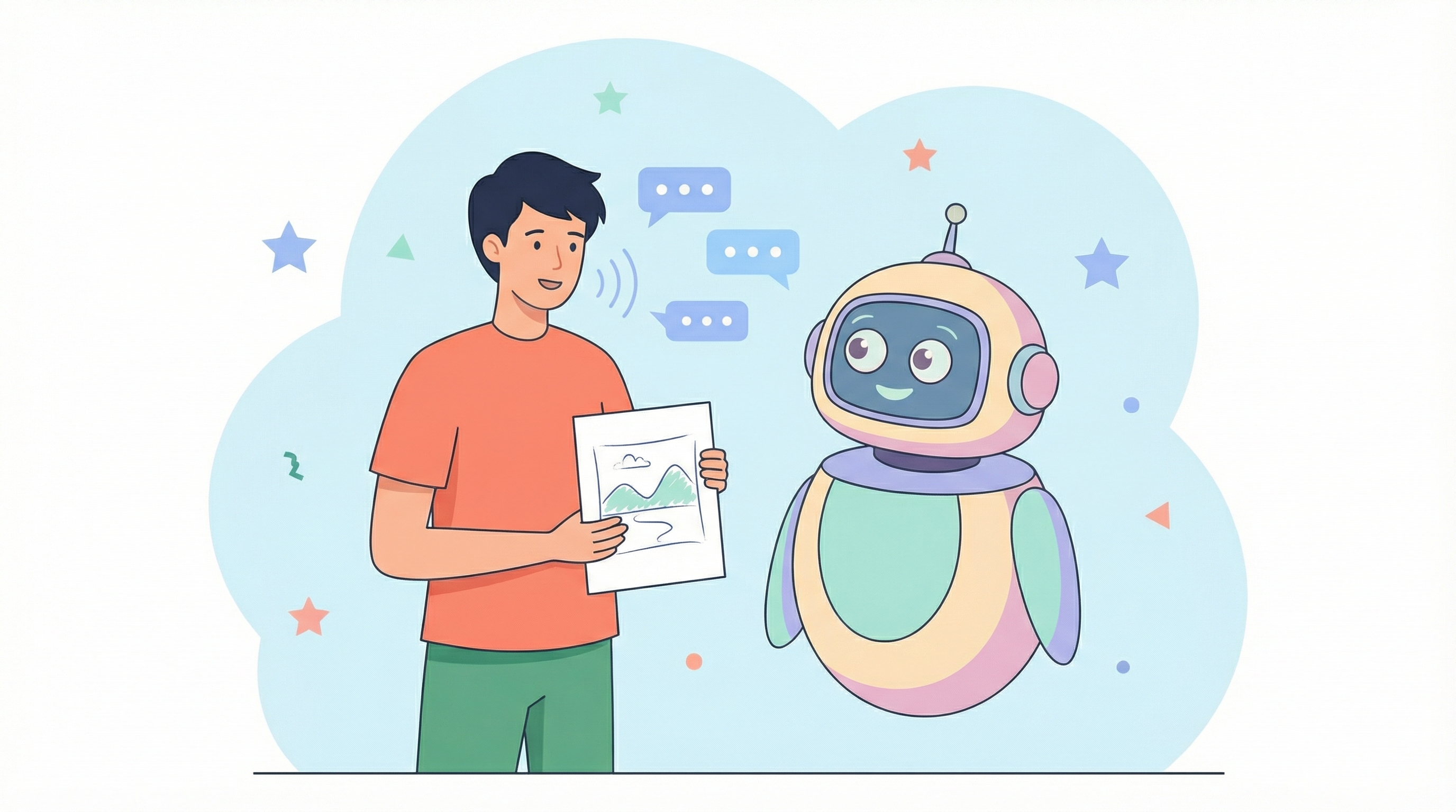 The artist shows a sketch to a robot while talking about it