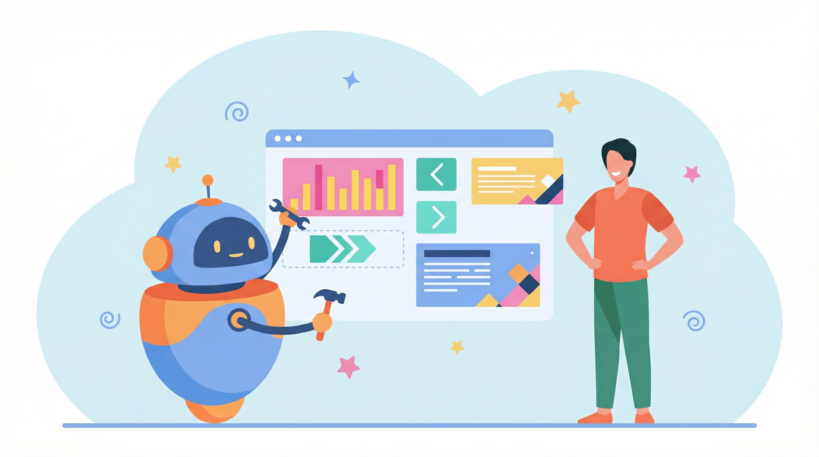 A robot builds a motion graphics canvas while the artist watches