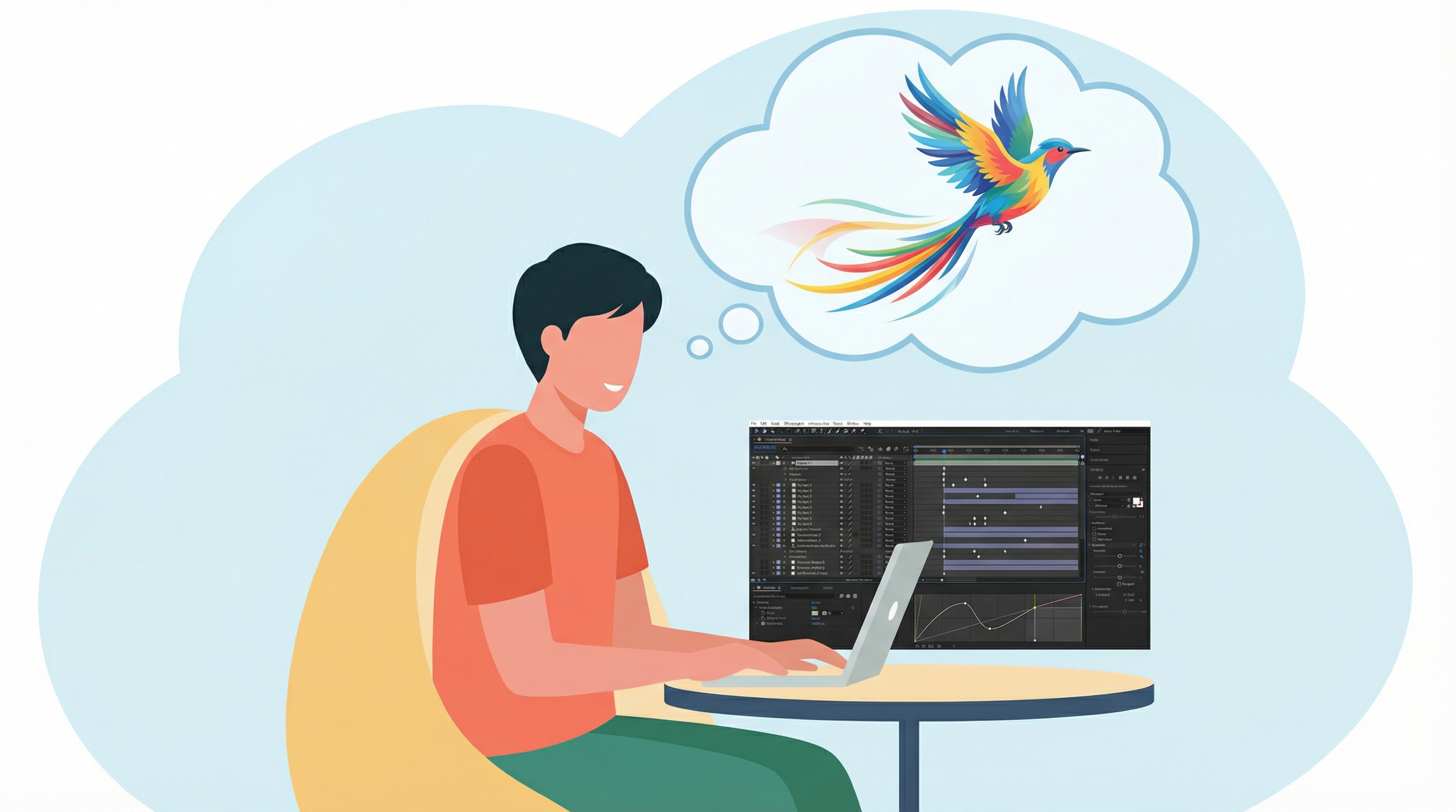 The artist imagines a bird flying but has to edit a complex timeline