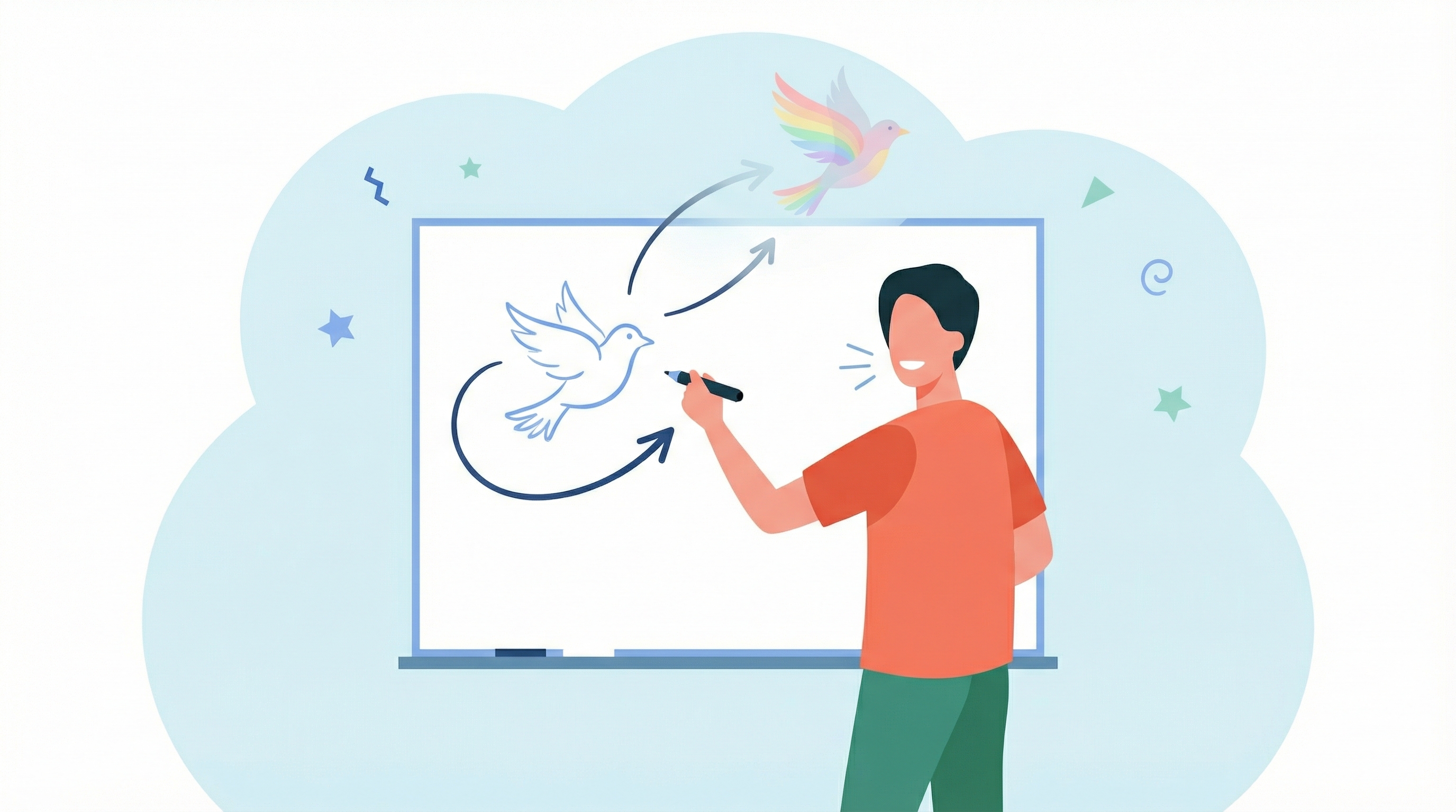 The artist draws a bird on a whiteboard with arrows showing its flight path