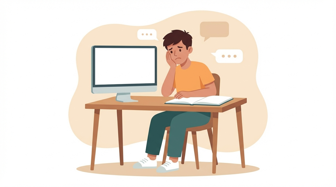 Artist sitting at desk staring at a blank screen, defeated