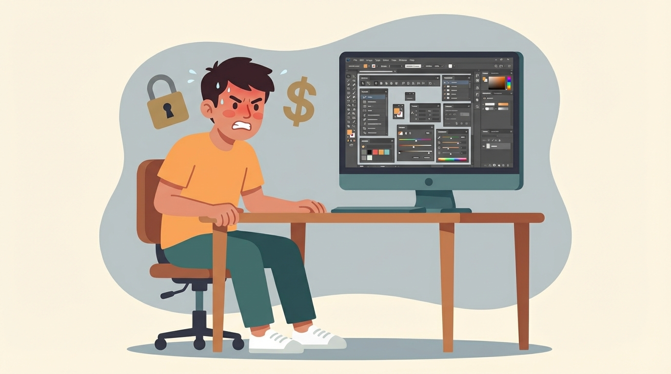 Artist furious at a dense cluttered software interface, lock and dollar sign floating nearby