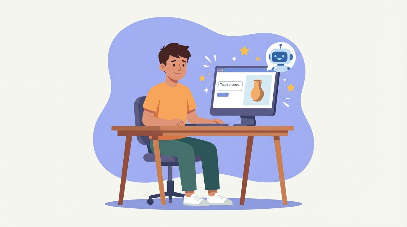 Artist cautiously optimistic at his desk, AI generating 3D objects on screen