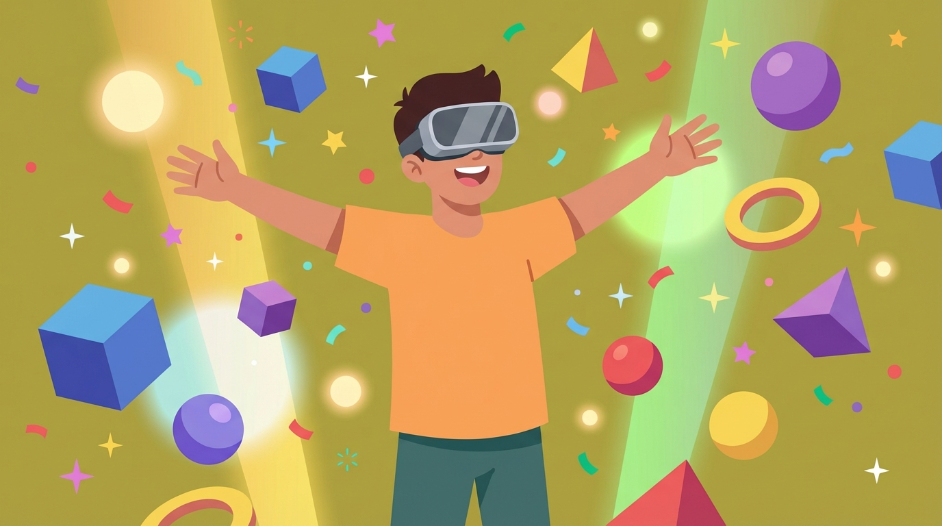 Artist wearing VR headset, arms outstretched with joy, surrounded by a vibrant virtual world